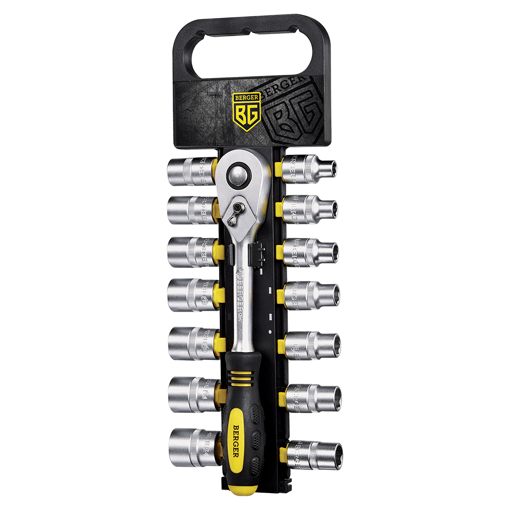 НАБОР ГОЛОВОК ТОРЦЕВЫХ 6-ГРАННЫХ SUPERLOCK С ТРЕЩОТКОЙ 1/2” 15 ПРЕДМЕТОВ /8-22/ BERGER BG2035