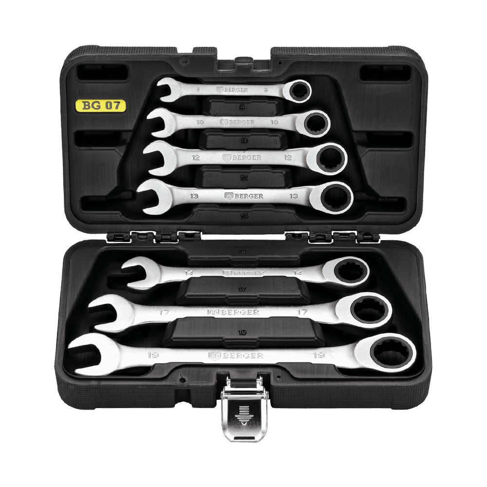 НАБОР КЛЮЧЕЙ КОМБИНИРОВАННЫХ ТРЕЩОТОЧНЫХ 7 ПРЕДМЕТОВ BERGER «ГАЛЛЕ» BG-7SCRW