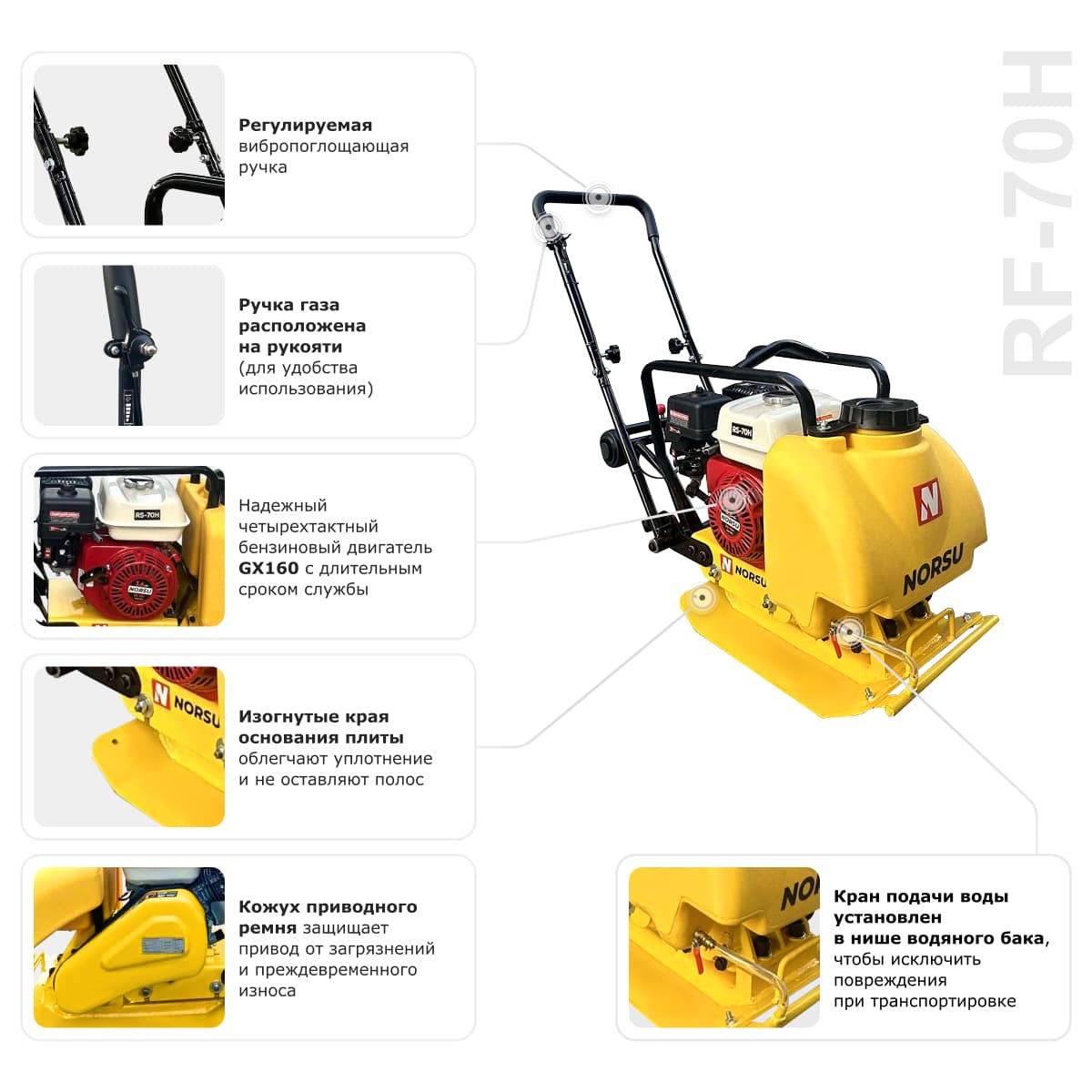 Виброплита бензиновая прямоходная NORSU RF-70TH (колесный комплект, бак для воды)