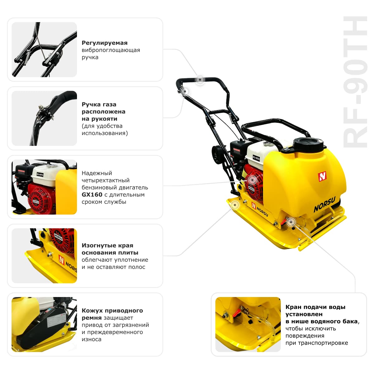 Виброплита бензиновая прямоходная NORSU RF-90TH (колесный комплект, бак для воды)